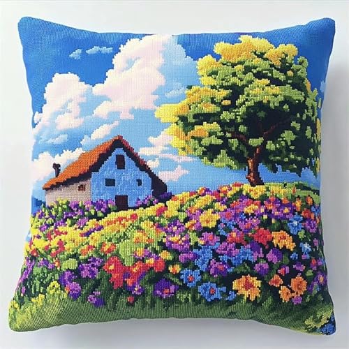WallustrioaW DIY-Kissenbezug Zum Basteln,Bunte Blumen und Häuschen,Knüpfhaken-Kissen-Set,Kissenbezug Zum Selbermachen Für Anfänger Und Erwachsene,Geschenke,43x43cm von WallustrioaW