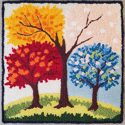 WallustrioaW DIY knüpfen set kissen,Vier Jahreszeiten bunter Baum,knüpfhaken set Kissenbezug Häkelgarn Nadel Basteln,handgefertigtes Kissen für Zuhause,Sofa-Dekoration,43x43cm von WallustrioaW