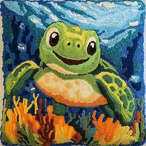 WallustrioaW DIY knüpfen set kissen knüpfhaken set Cartoon-Tiere,kleine grüne Schildkröte,Kits zur Herstellung von Kissenbezügen/Kissenbezügen,Knüpfhaken-Kits für ein Starterprojekt,43x43cm von WallustrioaW