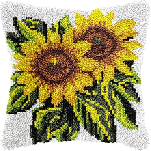 WallustrioaW Knüpfen Kissen Set,Blume Sonnenblume,Latch Hook Kissen Kit Knüpfteppich Knüpfpackung Set,Sofakissenbezug Handgemachte Geschenke,43x43cm von WallustrioaW