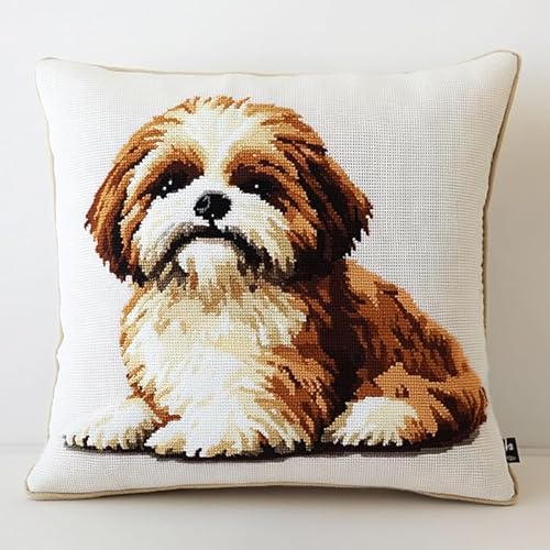 WallustrioaW Knüpfhaken-Set Tierhund,süßer Shih Tzu Welpe,Kissenbezug astelkissen,Häkelgarn Nadelarbeiten Stickerei,Kissenbezug Teppich Sofa Weihnachtsdekoration,43x43cm von WallustrioaW