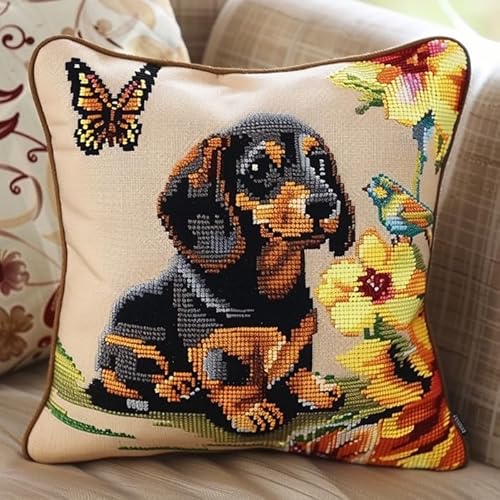 WallustrioaW Knüpfkissen Set,Latch Hook Kissen Kit Dackel,Tierhund und Blumen,3D Handgemachte Geschenke Knüpfteppich Für Kinder Und Erwachsene Knüpfset,43x43cm WallustrioaW Knüpfkissen Set,Latch Hook Kissen Kit Dackel,Tierhund und Blumen,3D Handgemachte Geschenke Knüpfteppich Für Kinder Und Erwachsene Knüpfset,43x43cm von WallustrioaW