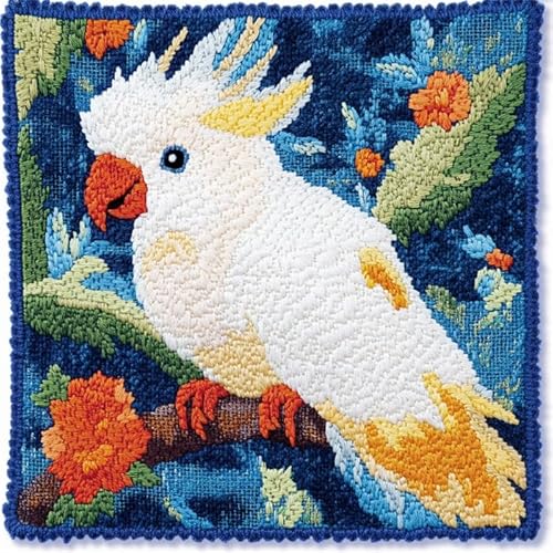 WallustrioaW Knüpfkissen-Set,Weißer Papagei auf einem Ast,für Kinder oder Anfänger Erwachsene zum Selber Knüpfen,DIY Knüpfteppich Knüpfpackung,Knüpfhaken Set,43x43cm von WallustrioaW