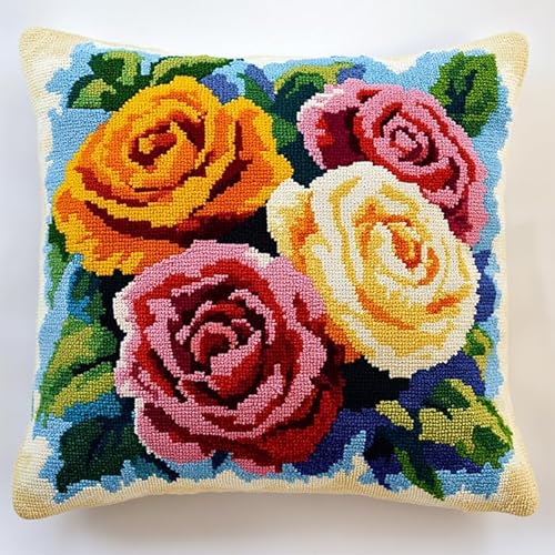 WallustrioaW Knüpfkissen Zum Selbermachen,Kissen Knüpfen Kit Farbige Rosen Blumen,DIY Kissen Knüpfen Set Knüpfteppiche Set Sofakissenbezug Handgemachte Geschenke,43x43cm von WallustrioaW