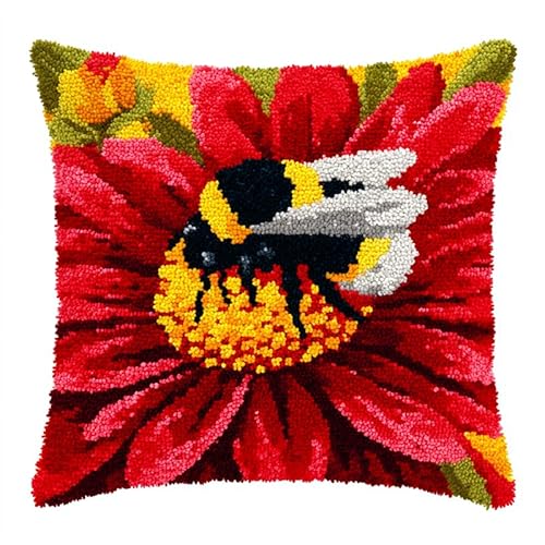 WallustrioaW Landschaft Knüpfhaken-Kissen-Set,Biene auf roter Blume,DIY-Kissenbezug Zum Basteln,Bedruckte Leinwand Für Anfänger,Kissenset Für Heimdekoration,43x43cm von WallustrioaW