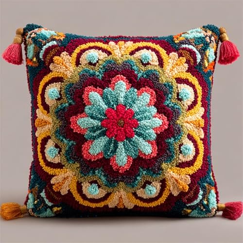 WallustrioaW Retro-Stil DIY knüpfen set kissen,Mandala-Blumen,knüpfhaken set Kissenbezug Häkelgarn Nadel Basteln,handgefertigtes Kissen für Zuhause,Sofa-Dekoration,43x43cm von WallustrioaW