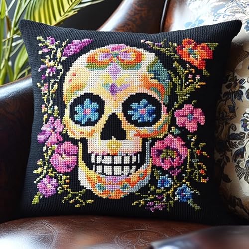 WallustrioaW Schädel Kreuzstichkissen,Totenkopf und Blumen,Stickbild vorgezeichnet Kreuzstichpackung Kissen,11CT Sticken Set,Bastelsets Handstickerei-DIY,45x45cm von WallustrioaW