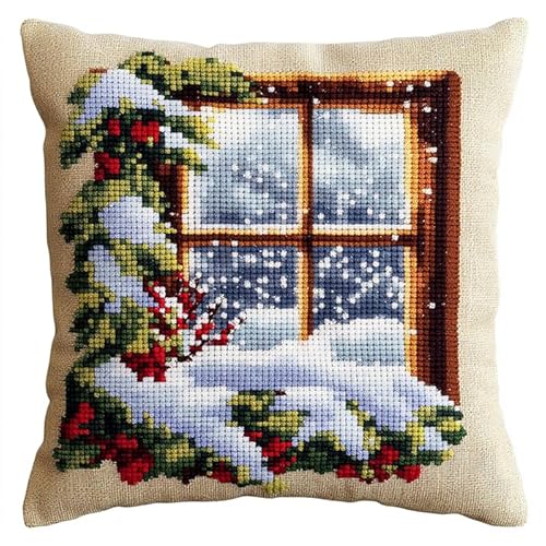 WallustrioaW Schneeszene auf der Fensterbank Kreuzstich Kissen,11CT Sticken Set,Weihnachten,Sticksets Für Erwachsene,Anfänger,Kreuzstichkissen/Stickkissen-Set,45x45cm von WallustrioaW