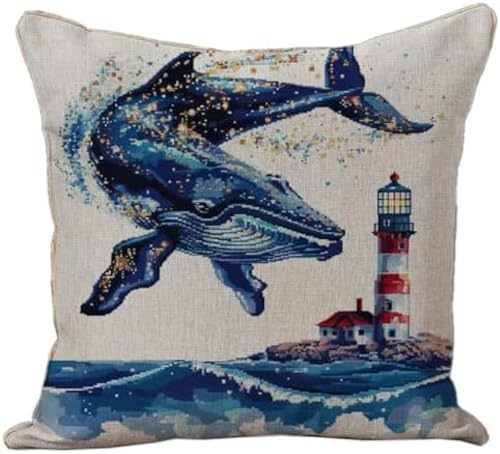WallustrioaW Sticken Set Kreuzstich Kissen Kreuzstich-Set Blauwal und Leuchtturm,Stickerei-Starter-Set,DIY-Bastelset Für Erwachsene Zum Sticken,45x45cm von WallustrioaW