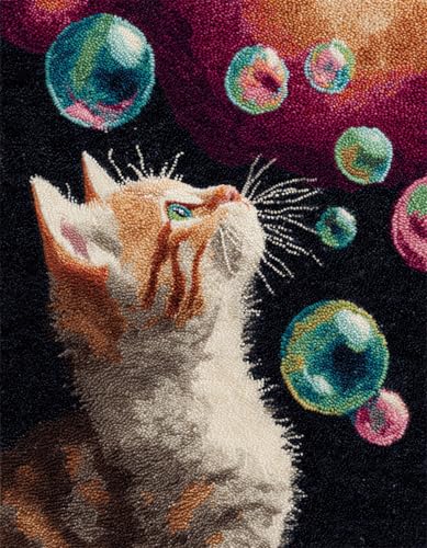 WallustrioaW Tier 3D Knüpfset Knüpfteppich zum Selber,Katze und bunte Blasen,Knüpfen Teppich für Kinder,Erwachsene oder Anfänger,Kreatives Geschenk,Latch Hook Kit,52x38cm von WallustrioaW