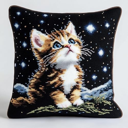 WallustrioaW Tier DIY Knüpfen Set Erwachsene,Katze unter den Sternen,Knüpfkissen Set Zum Sticken Und Stricken,Geschenk Für Erwachsene/Anfänger,43x43cm von WallustrioaW