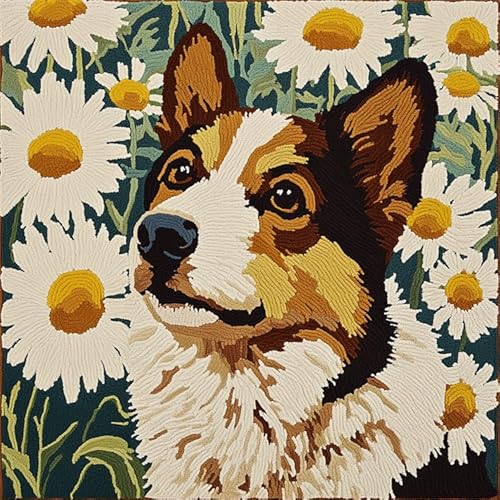 WallustrioaW Tier Hund DIY knüpfen set kissen,Hund in den Blumen,knüpfhaken set Kissenbezug Häkelgarn Nadel Basteln,handgefertigtes Kissen für Zuhause,Sofa-Dekoration,43x43cm von WallustrioaW