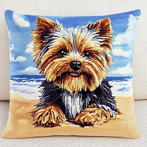 WallustrioaW Tier Hund Kreuzstich Stickpackungen,Yorkshire Terrier am Strand,Kreuzstichkissen Anfänger Vorgedruckt Diy Kreativ Für Erwachsene Bastelset Handwerker Haus Dekoration,18x18in von WallustrioaW
