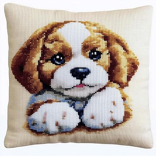 WallustrioaW Tier Hund Sticken Set Kreuzstich Kissen Kreuzstich-Set,Süßer Welpe,Stickerei-Starter-Set,DIY-Bastelset Für Erwachsene Zum Sticken,45x45cm von WallustrioaW