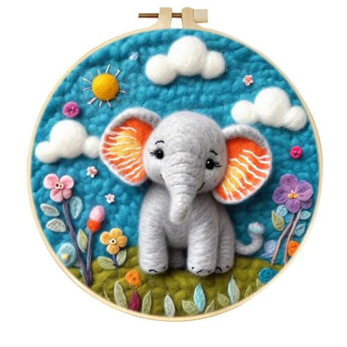 WallustrioaW Tier Nadelfilz-Malsets für Anfänger,Niedlicher Elefant und Blumen,DIY-Starter-Set Gestempelter Kreuzstich,Nadelfilz,Heimdekoration,Kunsthandwerk von WallustrioaW