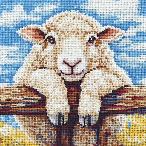 WallustrioaW Tier Schaf Knüpfhaken-Kissen-Set,Ziege liegt auf dem Zaun,DIY-Kissenbezug Zum Basteln,Bedruckte Leinwand Für Anfänger,Kissenset Für Heimdekoration,43x43cm von WallustrioaW