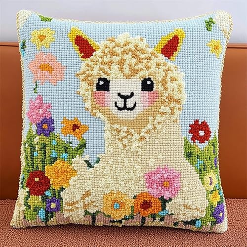 WallustrioaW Tier knüpfteppiche & knüpfkissen Kissenbezug,Alpaka in den Blumen,Choices Knüpfteppich Zum Selber Knüpf-Sets mit Kissen knüpfen-Set,43x43cm von WallustrioaW