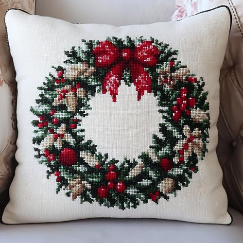 WallustrioaW Weihnachten Sticken Set Kreuzstich Kissen,Kranz,Kreuzstich-Sets Für Erwachsene,Stick-Sets,DIY-Handarbeit,Kissen-Sets,Heimdekoration 45x45cm von WallustrioaW