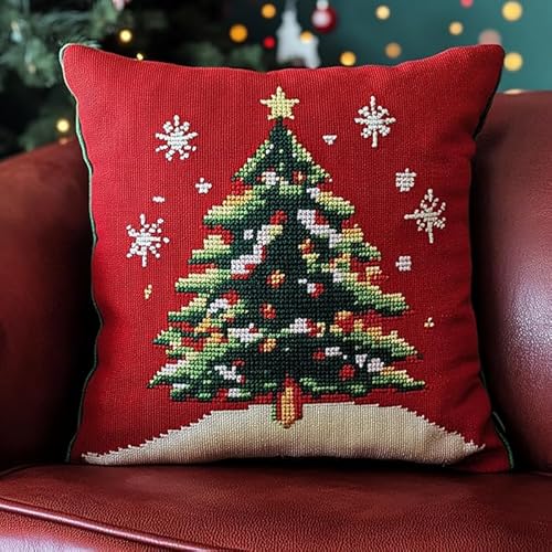WallustrioaW Weihnachtsbaum Kreuzstich Kissen Set,Weihnachten,Stickset Kreuzstich Set Vorgedruckt,Kissen 45x45cm stickset anfänger,Heimdekoration von WallustrioaW