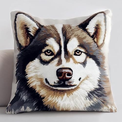 WallustrioaW kissen knüpfen set erwachsene Tierhund,Husky,Kissen Kissen Chunky Kreuzstich Kit Stickerei Nadelspitze Kissen Kit Für Wohnkultur,43x43cm von WallustrioaW