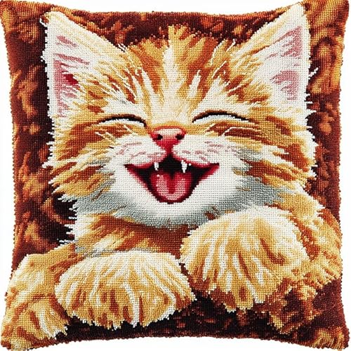 WallustrioaW süße Tiere Knüpfkissen Set,Latch Hook Kissen Kit,lächelnde Katze,3D Handgemachte Geschenke Knüpfteppich Für Kinder Und Erwachsene Knüpfset,43x43cm von WallustrioaW