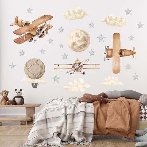FLUGZEUG-Heißluftballon-Boho-Wandaufkleber/Flugzeug-Kinderzimmer-Wandaufkleber/Aquarell-Aufkleber/Wandaufkleber für den Jungen von Wally Fox