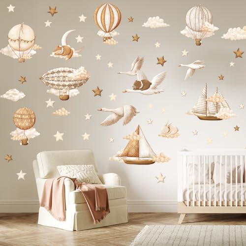 Wally Fox - Wandsticker Kinderzimmer Deko - Wandtattoo Babyzimmer - Kinderzimmer Deko Mädchen Wanddeko - 62 einzelne Aufkleber - Ballons, Schiffe, Tiere, Sterne, Monde, Wolken - Braun von Wally Fox