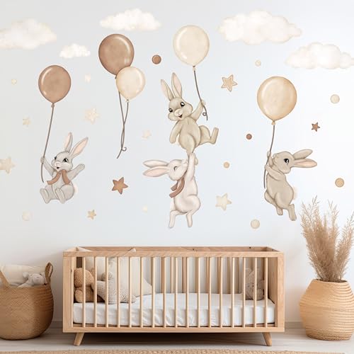 Wally Fox - Wandsticker Kinderzimmer - Wandtattoo Babyzimmer - Ungiftig, sicher, leistungsstark - 29 Stück Sticker, Hasen mit Luftballons, Hasen, Luftballons, Sterne - Braun, Beige von Wally Fox