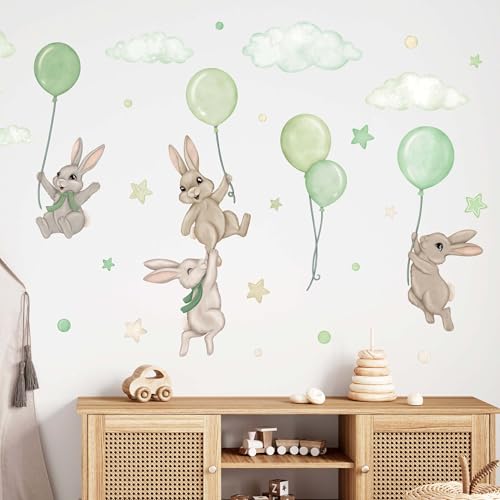 Wally Fox - Wandsticker Kinderzimmer - Wandtattoo Babyzimmer - Ungiftig, sicher, leistungsstark - 29 Stück Sticker, Hasen mit Luftballons, Hasen, Luftballons, Sterne - Grün, Creme, Beige von Wally Fox