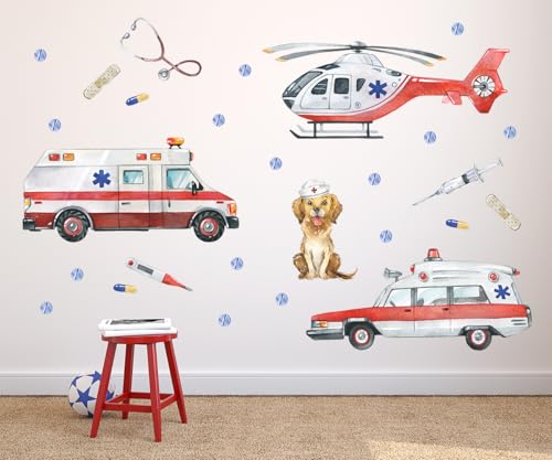 Wally Fox - Wandsticker Kinderzimmer - Wandtattoo Babyzimmer - Ungiftig, sicher, leistungsstark - Set - Ambulanz, Krankenwagen, Rettungsdienst - Rot, Beige, Weiß von Wally Fox