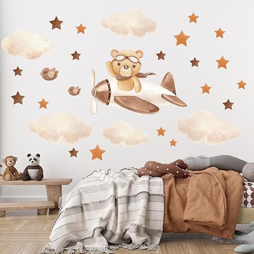 Wally Fox - Wandsticker Kinderzimmer - Wandtattoo - Teddybär im Flugzeug, Sterne, Wolken, Boho - 27 Stk, Braun, Beige, Creme Wally Fox - Wandsticker Kinderzimmer - Wandtattoo - Teddybär im Flugzeug, Sterne, Wolken, Boho - 27 Stk, Braun, Beige, Creme von Wally Fox