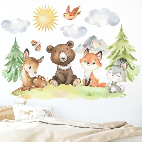 Wally Fox Wandtattoo Kinderzimmer Deko Wandtattoo Kinderzimmer Mädchen und Junge Wanddeko Wandaufkleber für Baby Grün, Braun, Rot, Grau, Waldtiere XL von Wally Fox
