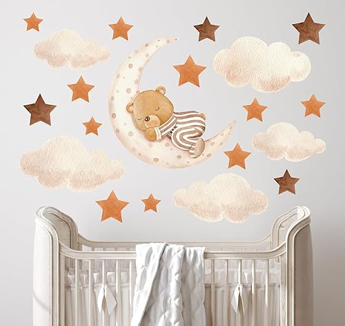 Wally Fox - Wandtattoo Kinderzimmer - Kinderzimmer Deko - Wandtattoo Kinderzimmer Jungen, Mädchen - Teddybär auf dem Mond, Sterne, Wolken, Mond, braun, Boho - 21stk Wally Fox - Wandtattoo Kinderzimmer - Kinderzimmer Deko - Wandtattoo Kinderzimmer Jungen, Mädchen - Teddybär auf dem Mond, Sterne, Wolken, Mond, braun, Boho - 21stk von Wally Fox