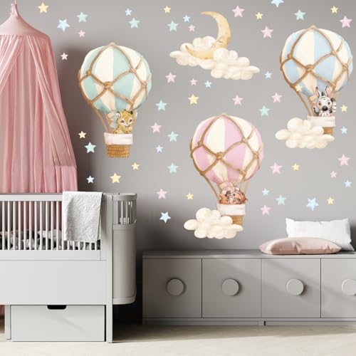 Wally Fox - Wandsticker Kinderzimmer - Wanddeko, Wandsticker - Tiere in Luftballons, Pastell, Sterne, Mond, Heißluftballons, Pastell - 58stk von Wally Fox