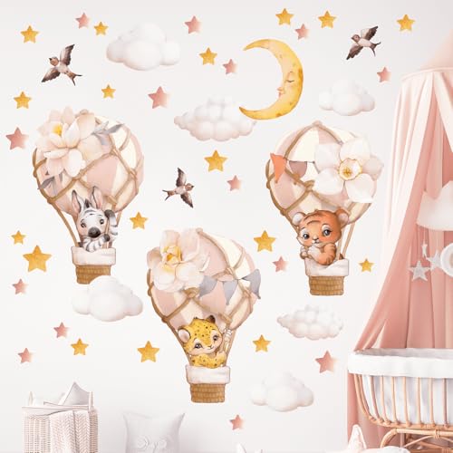 Wally Fox - Wandtattoo Kinderzimmer - Wandsticker mit Tieren in Luftballons, Rosa, Sterne, Mond, Heißluftballons - 44 Stk von Wally Fox