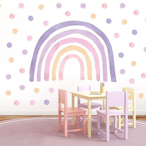 Wally Fox - Wandtattoo Kinderzimmer - Kinderzimmer Deko - Wandtattoo Kinderzimmer Mädchen - Wanddeko, Wandsticker Punkte, Kreise - Lila Regenbogen XL + 50 Stück Punkte/Tupfen von Wally Fox