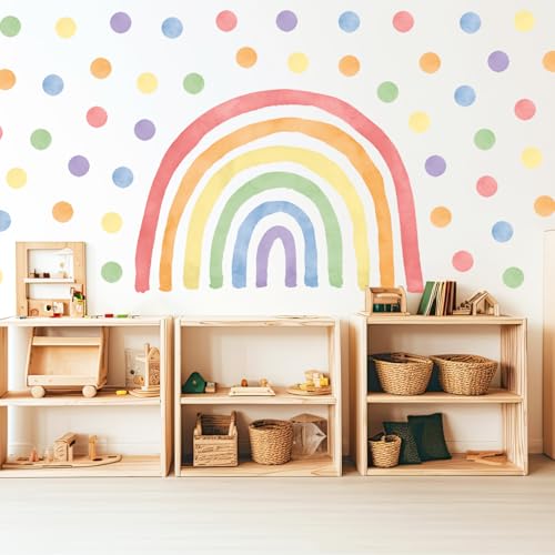 Wally Fox - Wandtattoo Kinderzimmer - Kinderzimmer Deko - Wandtattoo Kinderzimmer Mädchen - Wanddeko, Wandsticker Punkte, Kreise - Regenbogenfarbener Klassiker XL + 60 Stück Punkte/Polka Dots von Wally Fox
