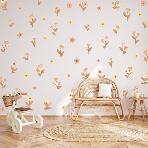 Wally Fox - Wandtattoo Kinderzimmer - Kinderzimmer Deko - Wandtattoo Kinderzimmer Mädchen - Wanddeko - Blumen - Braun, Gelb, Orange, 61 Stück von Wally Fox