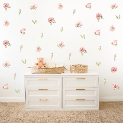Wally Fox - Wandtattoo Kinderzimmer - Kinderzimmer Deko - Wandtattoo Kinderzimmer Mädchen - Wanddeko - Petunien - Rosa, Hellrosa, Blätter, Doughnut - 50 Stück von Wally Fox