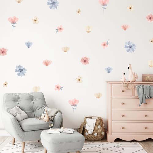 Wally Fox - Wandtattoo Kinderzimmer - Kinderzimmer Deko - Wandtattoo Kinderzimmer Mädchen - Wanddeko - Rosa, cremeblau, rosa und blaue Blumen, 35 Aufkleber von Wally Fox