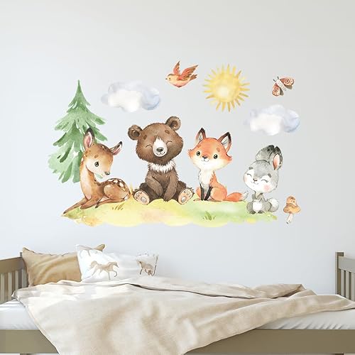Wally Fox Wandtattoo Kinderzimmer Kinderzimmer Deko Wandtattoo Kinderzimmer Mädchen und Junge Wanddeko Wandaufkleber für Baby Grün, Braun, Rot, Grau, Waldtiere L von Wally Fox
