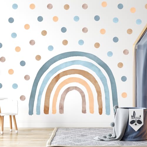 Wandtattoo Kinderzimmer Regenbogen - Boho mit 50 Punkten - Blau (L - 71 cm x 100 cm) Kinderzimmer Mädchen - Wanddeko, Wandsticker Punkte, Kreise - Blau/Retro-Regenbogen L+50 Stück Punkte/Polka Dots von Wally Fox