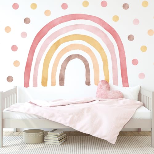 Wandtattoo Kinderzimmer Regenbogen - Boho mit 50 Punkten - Rosa (XL - 92,6 cm - 130 cm) Kinderzimmer Mädchen - Wanddeko, Wandsticker Punkte, Kreise - rosa Regenbogen XL + 50 Stück Punkte/Polka Dots von Wally Fox