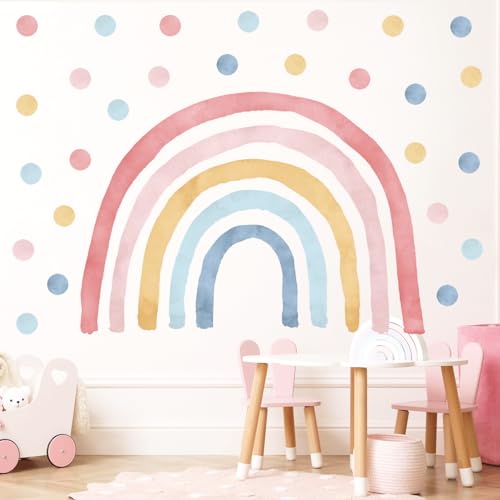 Wandtattoo Kinderzimmer Regenbogen mit 50 Punkten - Rosa/Blau (XL - 92,6 cm x 130 cm) Mädchen - Wanddeko, Wandsticker Punkte, Kreise - Rosa und blauer Regenbogen XL + 50 Stück Punkte/Tupfen von Wally Fox