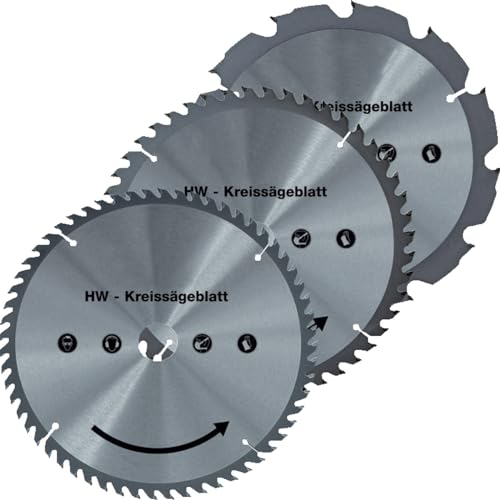 WALTER Hartmetall Sägeblätter-Set 190 mm, 3 Teilig, 12,48,60 Zähne, Sägeblatt, Hartmetall Kreissägeblätter, Optimal für das Schneiden von Holz Spanplatten Kunststoffe und Nichteisenmetalle von WALTER