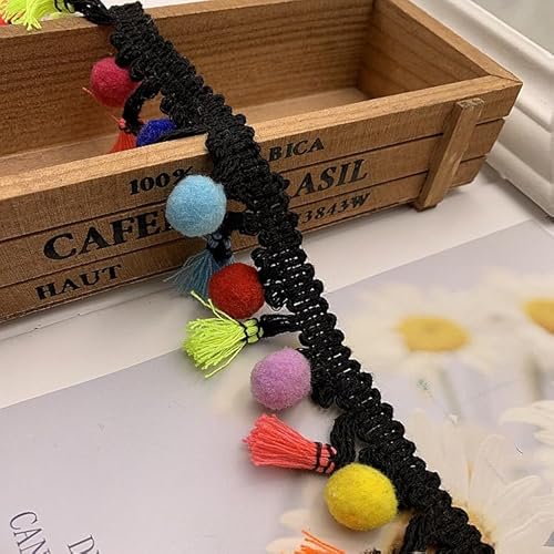 Bunt Pompom Borte Dekoband Mit Pom Poms Bommelborte Bommelband Pomponband Fransenband Zierband für DIY Handwerk Nähen Bekleidung Vorhang Kleidung Tischdecke(4,5 cm) schwarzer Rand15 Yards von Waltonalice