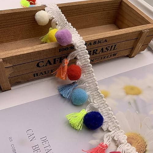 Bunt Pompom Borte Dekoband Mit Pom Poms Bommelborte Bommelband Pomponband Fransenband Zierband für DIY Handwerk Nähen Bekleidung Vorhang Kleidung Tischdecke(4,5 cm) weißer Rand15 Yards von Waltonalice