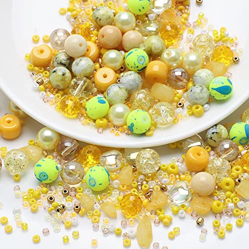 Waltonalice Perlen zur Schmuckherstellung Runde Glasperlen perlenset Bunte Kristallperlen mit Loch für DIY-Halsketten Armbänder Ohrringe Bastelbedarf Größen Farbenmix Gelb von Waltonalice