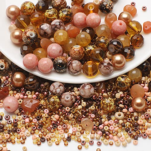 Waltonalice Perlen zur Schmuckherstellung Runde Glasperlen perlenset Bunte Kristallperlen mit Loch für DIY-Halsketten Armbänder Ohrringe Bastelbedarf Größen Farbenmix Helles Kaffee von Waltonalice
