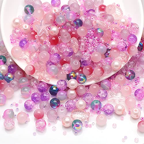 Waltonalice Perlen zur Schmuckherstellung Runde Glasperlen perlenset Bunte Kristallperlen mit Loch für DIY-Halsketten Armbänder Ohrringe Bastelbedarf Größen Farbenmix Kirschblütenrosa von Waltonalice